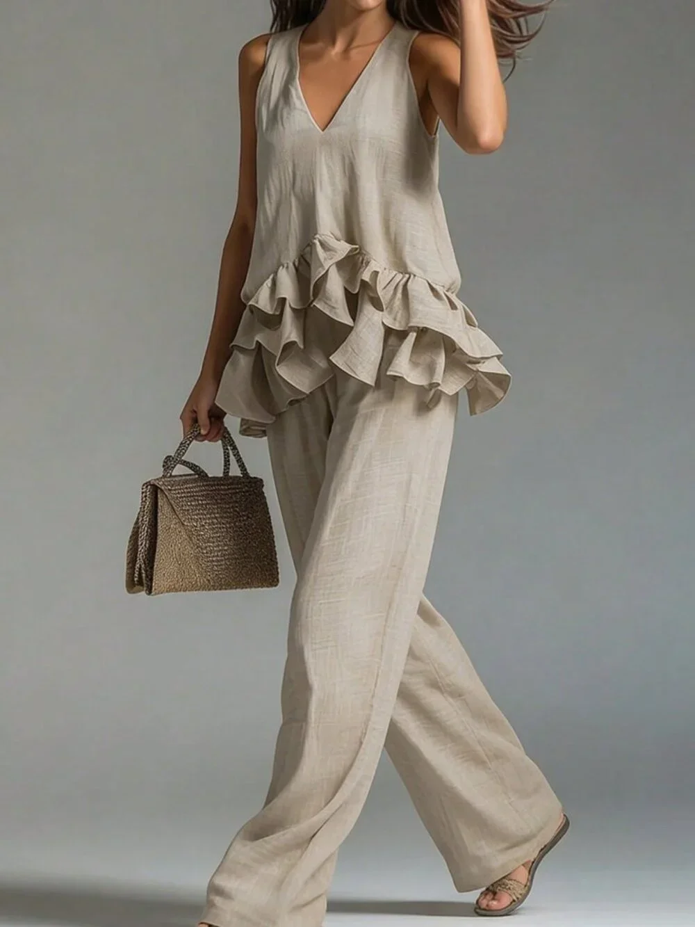 Khaki Boho Women's Ruffle Hem V-Neck Top And Loose Pants Set - Picture 3 of 6